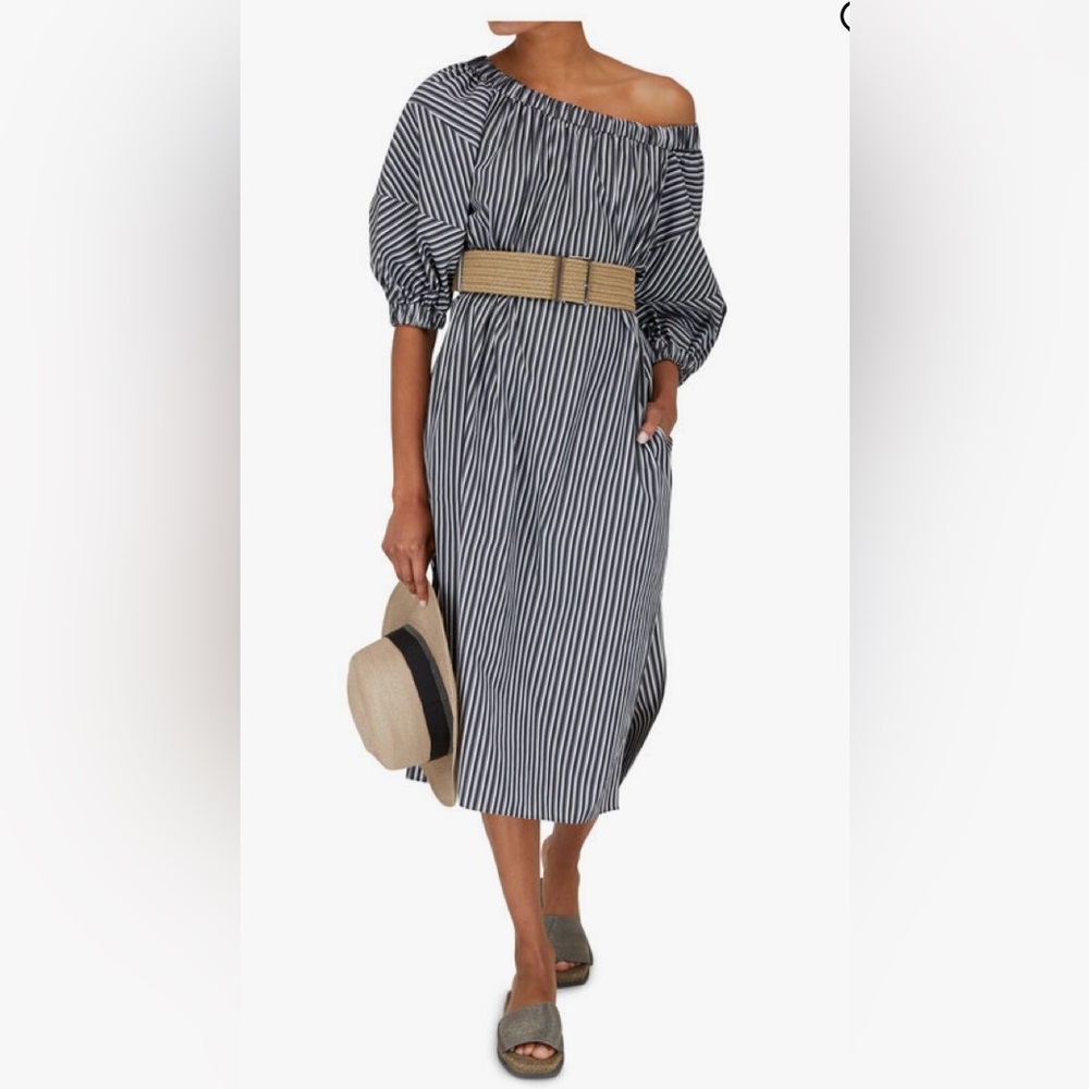 $3695  BRUNELLO CUCINELLI WHITE & BLUE STRIPE OFF-THE-SHOULDER BELTED DRESS S